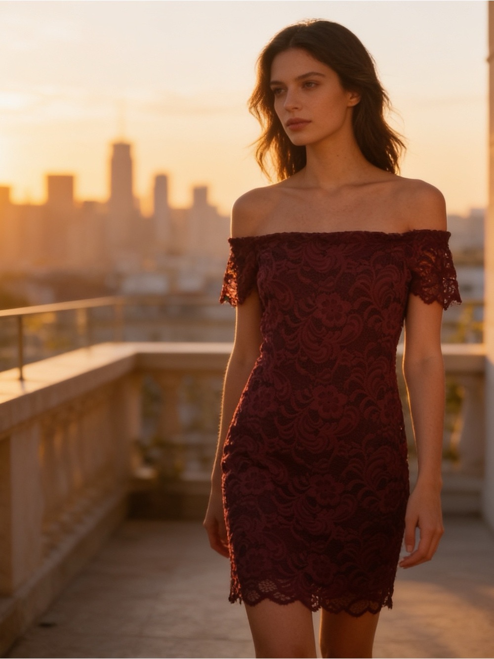 Ambience I Off-Shoulder Lace Sheath Dress in Burgundy NWT